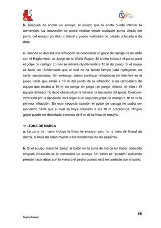 55
Rugby Gradual
b. Después de anotar un ensayo, el equipo que lo anotó puede intentar la
conversión. La conversión se podrá realizar desde cualquier punto detrás del
punto del ensayo paralelo a lateral y puede realizarse de patada colocada o de
drop.
c. Cuando se decreta una infracción se concederá un golpe de castigo de acuerdo
con el Reglamento de Juego de la World Rugby: El árbitro indicará el punto para
el golpe de castigo. El rival se retirará rápidamente a 10 m del punto. Si el saque
se hace tan rápidamente que el rival no ha tenido tiempo para replegarse, no
serán sancionados. Sin embargo, deben continuar retirándose sin interferir en el
juego hasta que estén a 10 m del punto de la infracción o un compañero de
equipo que estaba a 10 m los ponga en juego (se ponga delante de ellos). El
equipo defensor no debe obstaculizar ni retrasar la ejecución del golpe. Cualquier
infracción por la oposición dará lugar a un segundo golpe de castigo a 10 m de la
primera infracción. En esta segunda ocasión el golpe de castigo no podrá ser
ejecutado hasta que el rival se haya colocado a los 10 m preceptivos. Ningún
golpe puede ser decretado a menos de 5 m de la línea de ensayo.
11. ZONA DE MARCA
a. La zona de marca incluye la línea de ensayo, pero no la línea de lateral de
marca, la línea de balón muerto o los banderines de las esquinas.
b. Si el equipo atacante “posa” el balón en la zona de marca sin haber cometido
ninguna infracción se le concederá un ensayo. Un balón es “posado” aplicando
presión hacia abajo con la mano o el pecho cuando está en contacto con el suelo.
 