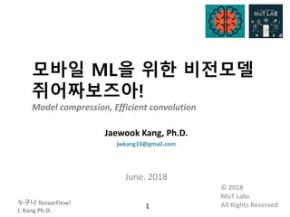 누구나 TensorFlow!
J. Kang Ph.D.
모바일 ML을 위한 비전모델
쥐어짜보즈아!
Model compression, Efficient convolution
Jaewook Kang, Ph.D.
jwkang10@gmail.com
June. 2018
1
© 2018
MoT Labs
All Rights Reserved
 