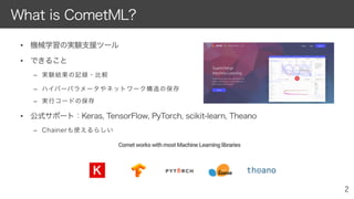 • 機械学習の実験支援ツール
• できること
– 実験結果の記録・比較
– ハイパーパラメータやネットワーク構造の保存
– 実行コードの保存
• 公式サポート：Keras, TensorFlow, PyTorch, scikit-learn, Theano
– Chainerも使えるらしい
What is CometML?
 