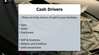 There are 6 key drivers of cash in your business:
• Sales
• COGS
• Overheads
• WIP & Inventory
• Debtors and Creditors
• Debt movements
Cash Drivers
 