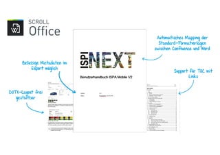 Support für TOC mit
Links
Beliebige Metadaten im
Export möglich
DOTX-Layout frei
gestaltbar
Automatisches Mapping der
Standard-Formatvorlagen
zwischen Confluence und Word
 