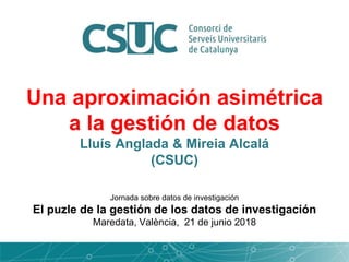 Una aproximación asimétrica
a la gestión de datos
Lluís Anglada & Mireia Alcalá
(CSUC)
Jornada sobre datos de investigación
El puzle de la gestión de los datos de investigación
Maredata, València, 21 de junio 2018
 