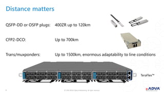 © 2018 ADVA Optical Networking. All rights reserved.1111
Distance matters
QSFP-DD or OSFP plugs: 400ZR up to 120km
CFP2-DCO: Up to 700km
Trans/muxponders: Up to 1500km, enormous adaptability to line conditions
TeraFlex™
 