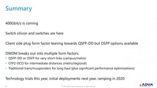 © 2018 ADVA Optical Networking. All rights reserved.1313
Summary
400Gbit/s is coming
Switch silicon and switches are here
Client side plug form factor leaning towards QSFP-DD but OSFP options available
DWDM breaks out into multiple form factors:
• QSFP-DD or OSFP for very short links (campus/metro)
• CFP2-DCO for intermediate distances (metro/regional)
• Traditional trans/muxponders for long haul (plus significant performance optimizations)
Technology trials this year, initial deployments next year, ramping in 2020
 