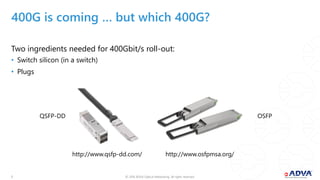 © 2018 ADVA Optical Networking. All rights reserved.55
400G is coming … but which 400G?
Two ingredients needed for 400Gbit/s roll-out:
• Switch silicon (in a switch)
• Plugs
QSFP-DD OSFP
http://www.qsfp-dd.com/ http://www.osfpmsa.org/
 