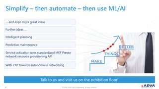 © 2018 ADVA Optical Networking. All rights reserved.1515
Service activation over standardized MEF Presto
network resource provisioning API
Talk to us and visit us on the exhibition floor!
Simplify – then automate – then use ML/AI
With ZTP towards autonomous networking
Predictive maintenance
Intelligent planning
Further ideas …
… and even more great ideas
 
