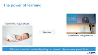 © 2018 ADVA Optical Networking. All rights reserved.22
Self-/automated-/machine-learning can unleash phenomenal possibilities
The power of learning
Human DNA: 1Gbyte of data
Learning
Human brain: >1Pbyte of data
 