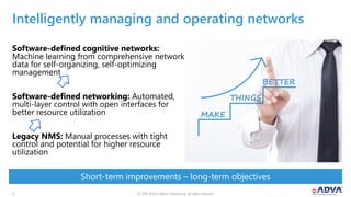 © 2018 ADVA Optical Networking. All rights reserved.33
Software-defined cognitive networks:
Machine learning from comprehensive network
data for self-organizing, self-optimizing
management
Software-defined networking: Automated,
multi-layer control with open interfaces for
better resource utilization
Legacy NMS: Manual processes with tight
control and potential for higher resource
utilization
Short-term improvements – long-term objectives
Intelligently managing and operating networks
 