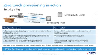 © 2018 ADVA Optical Networking. All rights reserved.55
Security is key
ZTP is flexible and can be adapted to operational needs and stakeholder scenarios
Zero touch provisioning in action
Configuration steps Yang models
1. Device connects to bootstrap server and authenticates itself and
the bootstrap server
Zero touch information data model; procedure: get-
bootstrapping data
2. Device uploads the boot-image and configuration scripts and
verifies integrity and authenticity
Ownership certificate, ownership voucher
3. Device installs and executes boot image and scripts Procedure: report-progress; device: “bootstrap
complete”
NB: There is also a need for securely connecting with NMS systems and there might be several boot and configuration servers …
Service provider (owner)
Bootstrapping server
 