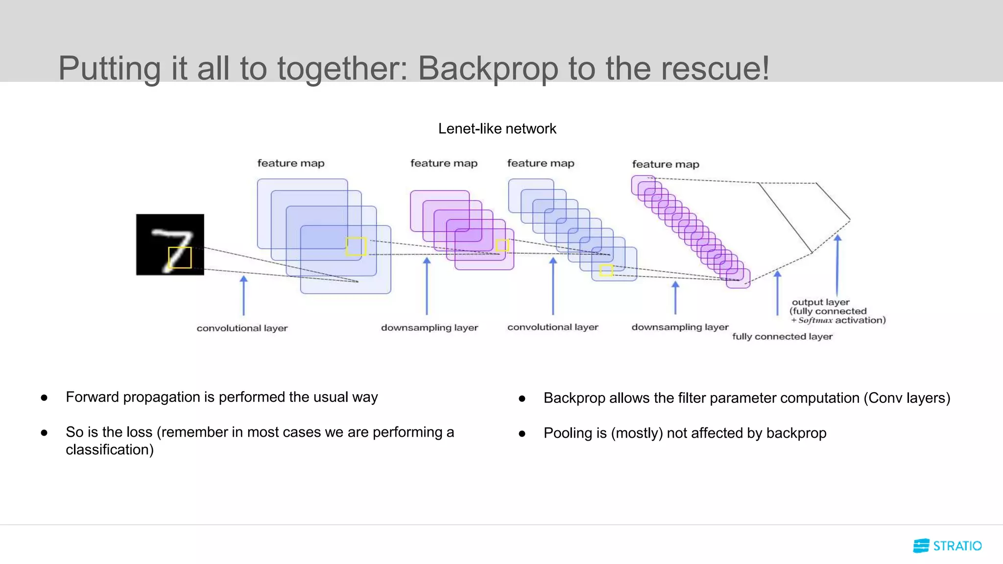 Putting it all to together: Backprop to the rescue!
● Forward propagation is performed the usual way
● So is the loss (remember in most cases we are performing a
classification)
Lenet-like network
● Backprop allows the filter parameter computation (Conv layers)
● Pooling is (mostly) not affected by backprop
 
