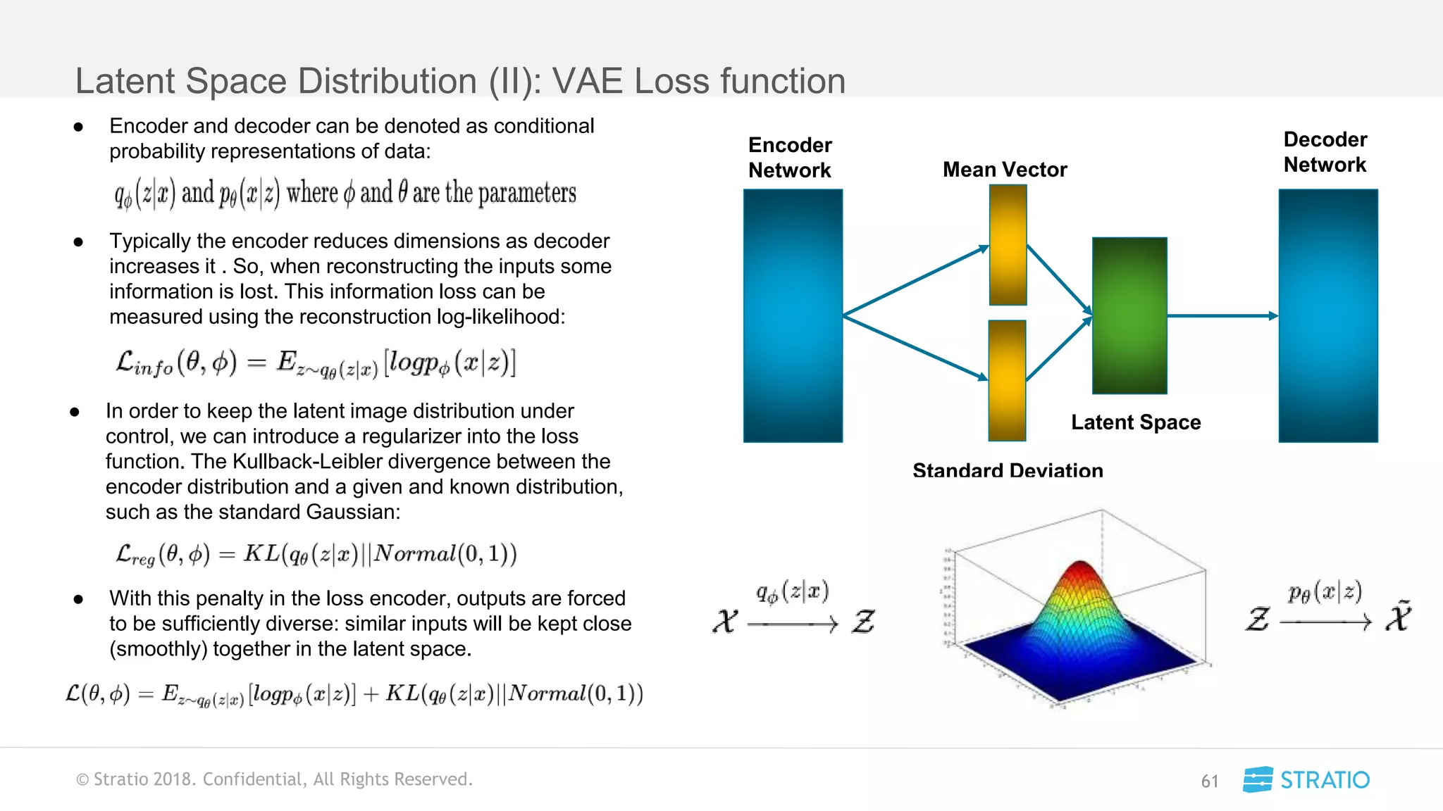 © Stratio 2018. Confidential, All Rights Reserved.
Latent Space Distribution (II): VAE Loss function
61
Latent Space
Mean Vector
Standard Deviation
Vector
Encoder
Network
Decoder
Network
● Encoder and decoder can be denoted as conditional
probability representations of data:
● Typically the encoder reduces dimensions as decoder
increases it . So, when reconstructing the inputs some
information is lost. This information loss can be
measured using the reconstruction log-likelihood:
● In order to keep the latent image distribution under
control, we can introduce a regularizer into the loss
function. The Kullback-Leibler divergence between the
encoder distribution and a given and known distribution,
such as the standard Gaussian:
● With this penalty in the loss encoder, outputs are forced
to be sufficiently diverse: similar inputs will be kept close
(smoothly) together in the latent space.
 