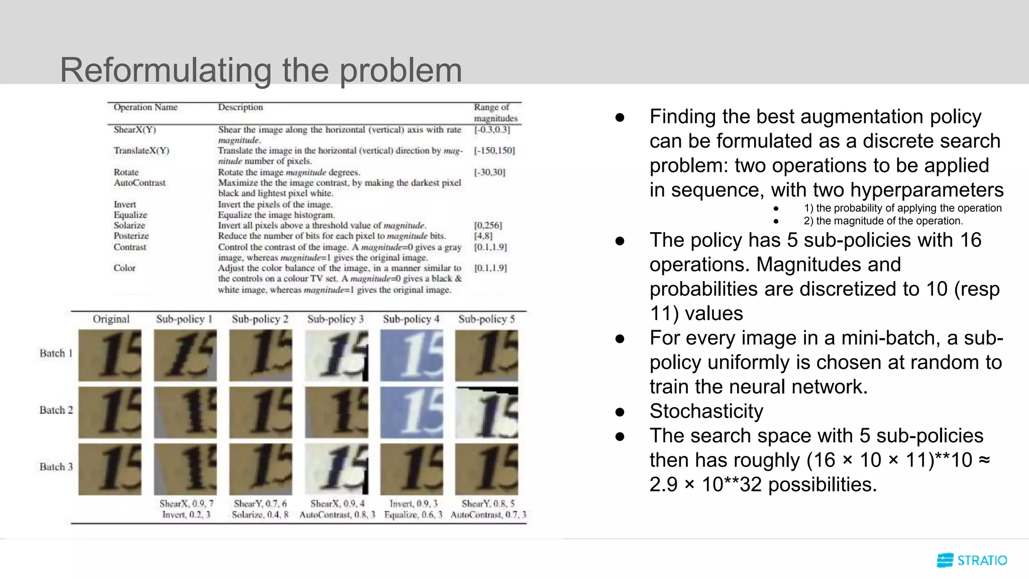 Reformulating the problem
● Finding the best augmentation policy
can be formulated as a discrete search
problem: two operations to be applied
in sequence, with two hyperparameters
● 1) the probability of applying the operation
● 2) the magnitude of the operation.
● The policy has 5 sub-policies with 16
operations. Magnitudes and
probabilities are discretized to 10 (resp
11) values
● For every image in a mini-batch, a sub-
policy uniformly is chosen at random to
train the neural network.
● Stochasticity
● The search space with 5 sub-policies
then has roughly (16 × 10 × 11)**10 ≈
2.9 × 10**32 possibilities.
 