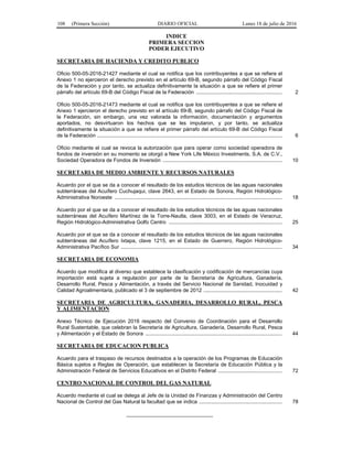 108 (Primera Sección) DIARIO OFICIAL Lunes 18 de julio de 2016
INDICE
PRIMERA SECCION
PODER EJECUTIVO
SECRETARIA DE HACIENDA Y CREDITO PUBLICO
Oficio 500-05-2016-21427 mediante el cual se notifica que los contribuyentes a que se refiere el
Anexo 1 no ejercieron el derecho previsto en el artículo 69-B, segundo párrafo del Código Fiscal
de la Federación y por tanto, se actualiza definitivamente la situación a que se refiere el primer
párrafo del artículo 69-B del Código Fiscal de la Federación ........................................................... 2
Oficio 500-05-2016-21473 mediante el cual se notifica que los contribuyentes a que se refiere el
Anexo 1 ejercieron el derecho previsto en el artículo 69-B, segundo párrafo del Código Fiscal de
la Federación, sin embargo, una vez valorada la información, documentación y argumentos
aportados, no desvirtuaron los hechos que se les imputaron, y por tanto, se actualiza
definitivamente la situación a que se refiere el primer párrafo del artículo 69-B del Código Fiscal
de la Federación ............................................................................................................................... 6
Oficio mediante el cual se revoca la autorización que para operar como sociedad operadora de
fondos de inversión en su momento se otorgó a New York Life México Investments, S.A. de C.V.,
Sociedad Operadora de Fondos de Inversión .................................................................................. 10
SECRETARIA DE MEDIO AMBIENTE Y RECURSOS NATURALES
Acuerdo por el que se da a conocer el resultado de los estudios técnicos de las aguas nacionales
subterráneas del Acuífero Cuchujaqui, clave 2643, en el Estado de Sonora, Región Hidrológico-
Administrativa Noroeste ................................................................................................................... 18
Acuerdo por el que se da a conocer el resultado de los estudios técnicos de las aguas nacionales
subterráneas del Acuífero Martínez de la Torre-Nautla, clave 3003, en el Estado de Veracruz,
Región Hidrológico-Administrativa Golfo Centro .............................................................................. 25
Acuerdo por el que se da a conocer el resultado de los estudios técnicos de las aguas nacionales
subterráneas del Acuífero Ixtapa, clave 1215, en el Estado de Guerrero, Región Hidrológico-
Administrativa Pacífico Sur ............................................................................................................... 34
SECRETARIA DE ECONOMIA
Acuerdo que modifica al diverso que establece la clasificación y codificación de mercancías cuya
importación está sujeta a regulación por parte de la Secretaría de Agricultura, Ganadería,
Desarrollo Rural, Pesca y Alimentación, a través del Servicio Nacional de Sanidad, Inocuidad y
Calidad Agroalimentaria, publicado el 3 de septiembre de 2012 ...................................................... 42
SECRETARIA DE AGRICULTURA, GANADERIA, DESARROLLO RURAL, PESCA
Y ALIMENTACION
Anexo Técnico de Ejecución 2016 respecto del Convenio de Coordinación para el Desarrollo
Rural Sustentable, que celebran la Secretaría de Agricultura, Ganadería, Desarrollo Rural, Pesca
y Alimentación y el Estado de Sonora .............................................................................................. 44
SECRETARIA DE EDUCACION PUBLICA
Acuerdo para el traspaso de recursos destinados a la operación de los Programas de Educación
Básica sujetos a Reglas de Operación, que establecen la Secretaría de Educación Pública y la
Administración Federal de Servicios Educativos en el Distrito Federal ............................................ 72
CENTRO NACIONAL DE CONTROL DEL GAS NATURAL
Acuerdo mediante el cual se delega al Jefe de la Unidad de Finanzas y Administración del Centro
Nacional de Control del Gas Natural la facultad que se indica ......................................................... 78
______________________________
 