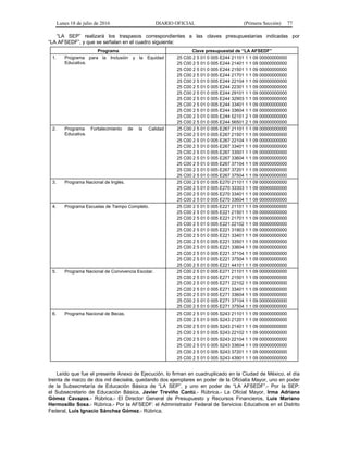 Lunes 18 de julio de 2016 DIARIO OFICIAL (Primera Sección) 77
“LA SEP” realizará los traspasos correspondientes a las claves presupuestarias indicadas por
“LA AFSEDF”, y que se señalan en el cuadro siguiente:
Programa Clave presupuestal de “LA AFSEDF”
1. Programa para la Inclusión y la Equidad
Educativa.
25 C00 2 5 01 0 005 E244 21101 1 1 09 00000000000
25 C00 2 5 01 0 005 E244 21401 1 1 09 00000000000
25 C00 2 5 01 0 005 E244 21501 1 1 09 00000000000
25 C00 2 5 01 0 005 E244 21701 1 1 09 00000000000
25 C00 2 5 01 0 005 E244 22104 1 1 09 00000000000
25 C00 2 5 01 0 005 E244 22301 1 1 09 00000000000
25 C00 2 5 01 0 005 E244 29101 1 1 09 00000000000
25 C00 2 5 01 0 005 E244 32903 1 1 09 00000000000
25 C00 2 5 01 0 005 E244 33401 1 1 09 00000000000
25 C00 2 5 01 0 005 E244 33604 1 1 09 00000000000
25 C00 2 5 01 0 005 E244 52101 2 1 09 00000000000
25 C00 2 5 01 0 005 E244 56501 2 1 09 00000000000
2. Programa Fortalecimiento de la Calidad
Educativa.
25 C00 2 5 01 0 005 E267 21101 1 1 09 00000000000
25 C00 2 5 01 0 005 E267 21501 1 1 09 00000000000
25 C00 2 5 01 0 005 E267 22104 1 1 09 00000000000
25 C00 2 5 01 0 005 E267 33401 1 1 09 00000000000
25 C00 2 5 01 0 005 E267 33501 1 1 09 00000000000
25 C00 2 5 01 0 005 E267 33604 1 1 09 00000000000
25 C00 2 5 01 0 005 E267 37104 1 1 09 00000000000
25 C00 2 5 01 0 005 E267 37201 1 1 09 00000000000
25 C00 2 5 01 0 005 E267 37504 1 1 09 00000000000
3. Programa Nacional de Inglés. 25 C00 2 5 01 0 005 E270 21101 1 1 09 00000000000
25 C00 2 5 01 0 005 E270 33303 1 1 09 00000000000
25 C00 2 5 01 0 005 E270 33401 1 1 09 00000000000
25 C00 2 5 01 0 005 E270 33604 1 1 09 00000000000
4. Programa Escuelas de Tiempo Completo. 25 C00 2 5 01 0 005 E221 21101 1 1 09 00000000000
25 C00 2 5 01 0 005 E221 21501 1 1 09 00000000000
25 C00 2 5 01 0 005 E221 21701 1 1 09 00000000000
25 C00 2 5 01 0 005 E221 22102 1 1 09 00000000000
25 C00 2 5 01 0 005 E221 31903 1 1 09 00000000000
25 C00 2 5 01 0 005 E221 33401 1 1 09 00000000000
25 C00 2 5 01 0 005 E221 33501 1 1 09 00000000000
25 C00 2 5 01 0 005 E221 33604 1 1 09 00000000000
25 C00 2 5 01 0 005 E221 37104 1 1 09 00000000000
25 C00 2 5 01 0 005 E221 37504 1 1 09 00000000000
25 C00 2 5 01 0 005 E221 44101 1 1 09 00000000000
5. Programa Nacional de Convivencia Escolar. 25 C00 2 5 01 0 005 E271 21101 1 1 09 00000000000
25 C00 2 5 01 0 005 E271 21501 1 1 09 00000000000
25 C00 2 5 01 0 005 E271 22102 1 1 09 00000000000
25 C00 2 5 01 0 005 E271 33401 1 1 09 00000000000
25 C00 2 5 01 0 005 E271 33604 1 1 09 00000000000
25 C00 2 5 01 0 005 E271 37104 1 1 09 00000000000
25 C00 2 5 01 0 005 E271 37504 1 1 09 00000000000
6. Programa Nacional de Becas. 25 C00 2 5 01 0 005 S243 21101 1 1 09 00000000000
25 C00 2 5 01 0 005 S243 21201 1 1 09 00000000000
25 C00 2 5 01 0 005 S243 21401 1 1 09 00000000000
25 C00 2 5 01 0 005 S243 22102 1 1 09 00000000000
25 C00 2 5 01 0 005 S243 22104 1 1 09 00000000000
25 C00 2 5 01 0 005 S243 33604 1 1 09 00000000000
25 C00 2 5 01 0 005 S243 37201 1 1 09 00000000000
25 C00 2 5 01 0 005 S243 43901 1 1 09 00000000000
Leído que fue el presente Anexo de Ejecución, lo firman en cuadruplicado en la Ciudad de México, el día
treinta de marzo de dos mil dieciséis, quedando dos ejemplares en poder de la Oficialía Mayor, uno en poder
de la Subsecretaría de Educación Básica de “LA SEP”, y uno en poder de “LA AFSEDF”.- Por la SEP:
el Subsecretario de Educación Básica, Javier Treviño Cantú.- Rúbrica.- La Oficial Mayor, Irma Adriana
Gómez Cavazos.- Rúbrica.- El Director General de Presupuesto y Recursos Financieros, Luis Mariano
Hermosillo Sosa.- Rúbrica.- Por la AFSEDF: el Administrador Federal de Servicios Educativos en el Distrito
Federal, Luis Ignacio Sánchez Gómez.- Rúbrica.
 