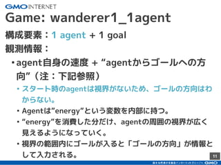 11
Game: wanderer1_1agent
構成要素：1 agent + 1 goal
観測情報：
•agent自身の速度 + “agentからゴールへの方
向”（注：下記参照）
• スタート時のagentは視界がないため、ゴールの方向はわ
からない。
• Agentは”energy”という変数を内部に持つ。
• “energy”を消費した分だけ、agentの周囲の視界が広く
見えるようになっていく。
• 視界の範囲内にゴールが入ると「ゴールの方向」が情報と
して入力される。
 