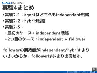 36
実験4まとめ
•実験2-1：agentはどちらもindependent戦略
•実験2-2：hybrid戦略
•実験2-3：
•最初のケース：independent戦略
•2つ目のケース：independent + follower
followerの期待値がindependent/hybrid より
小さいからか、followerはあまり出現せず。
 