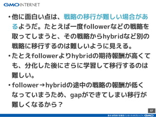 57
•他に面白い点は、戦略の移行が難しい場合があ
るようだ。たとえば一度followerなどの戦略を
取ってしまうと、その戦略からhybridなど別の
戦略に移行するのは難しいように見える。
•たとえfollowerよりhybridの期待報酬が高くて
も、分化した後にさらに学習して移行するのは
難しい。
•follower→hybridの途中の戦略の報酬が低く
なっていまうため、gapができてしまい移行が
難しくなるから？
 