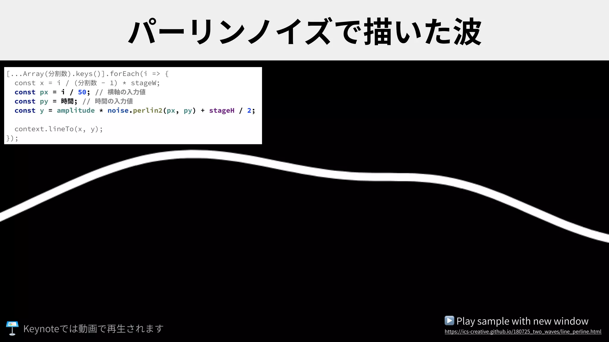 [...Array(分割数).keys()].forEach(i => {
const x = i / (分割数 - 1) * stageW;
const px = i / 50; // 横軸の⼊⼒値
const py = 時間; // 時間の⼊⼒値
const y = amplitude * noise.perlin2(px, py) + stageH / 2;
context.lineTo(x, y);
});
▶ Play sample with new window
https://ics-creative.github.io/180725_two_waves/line_perline.htmlKeynote
 
