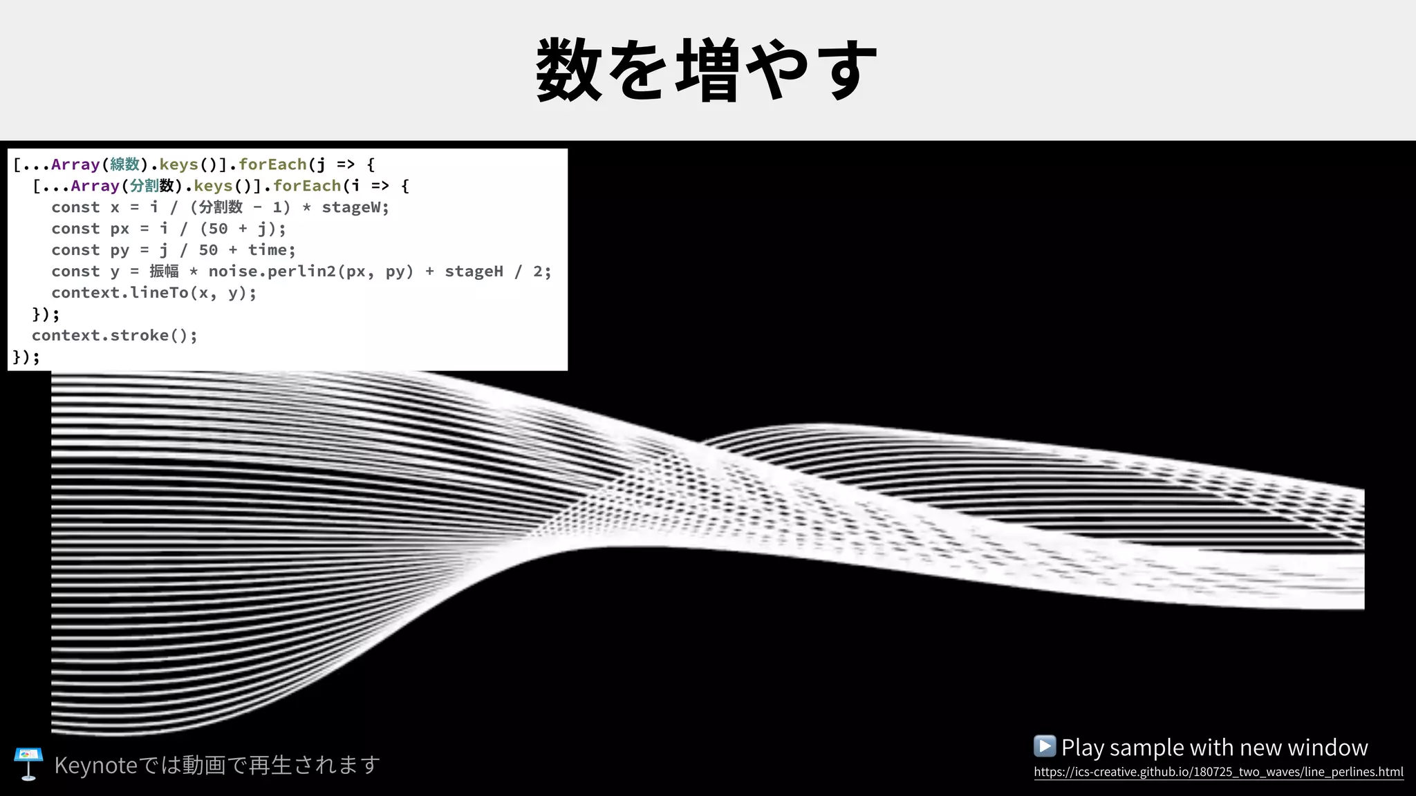 [...Array(線数).keys()].forEach(j => {
[...Array(分割数).keys()].forEach(i => {
const x = i / (分割数 - 1) * stageW;
const px = i / (50 + j);
const py = j / 50 + time;
const y = 振幅 * noise.perlin2(px, py) + stageH / 2;
context.lineTo(x, y);
});
context.stroke();
});
▶ Play sample with new window
https://ics-creative.github.io/180725_two_waves/line_perlines.htmlKeynote
 