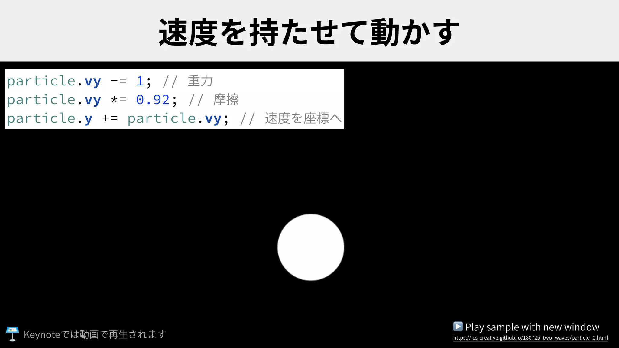 particle.vy -= 1; // 重⼒
particle.vy *= 0.92; // 摩擦
particle.y += particle.vy; // 速度を座標へ
▶ Play sample with new window
https://ics-creative.github.io/180725_two_waves/particle_0.htmlKeynote
 