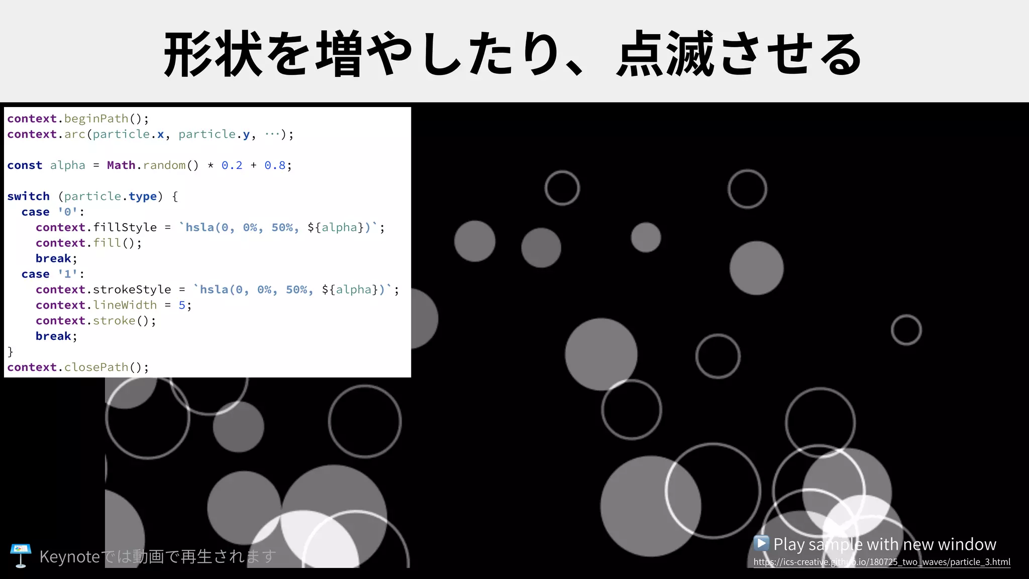 context.beginPath();
context.arc(particle.x, particle.y, ･･･);
const alpha = Math.random() * 0.2 + 0.8;
switch (particle.type) {
case '0':
context.fillStyle = `hsla(0, 0%, 50%, ${alpha})`;
context.fill();
break;
case '1':
context.strokeStyle = `hsla(0, 0%, 50%, ${alpha})`;
context.lineWidth = 5;
context.stroke();
break;
}
context.closePath();
▶ Play sample with new window
https://ics-creative.github.io/180725_two_waves/particle_3.htmlKeynote
 