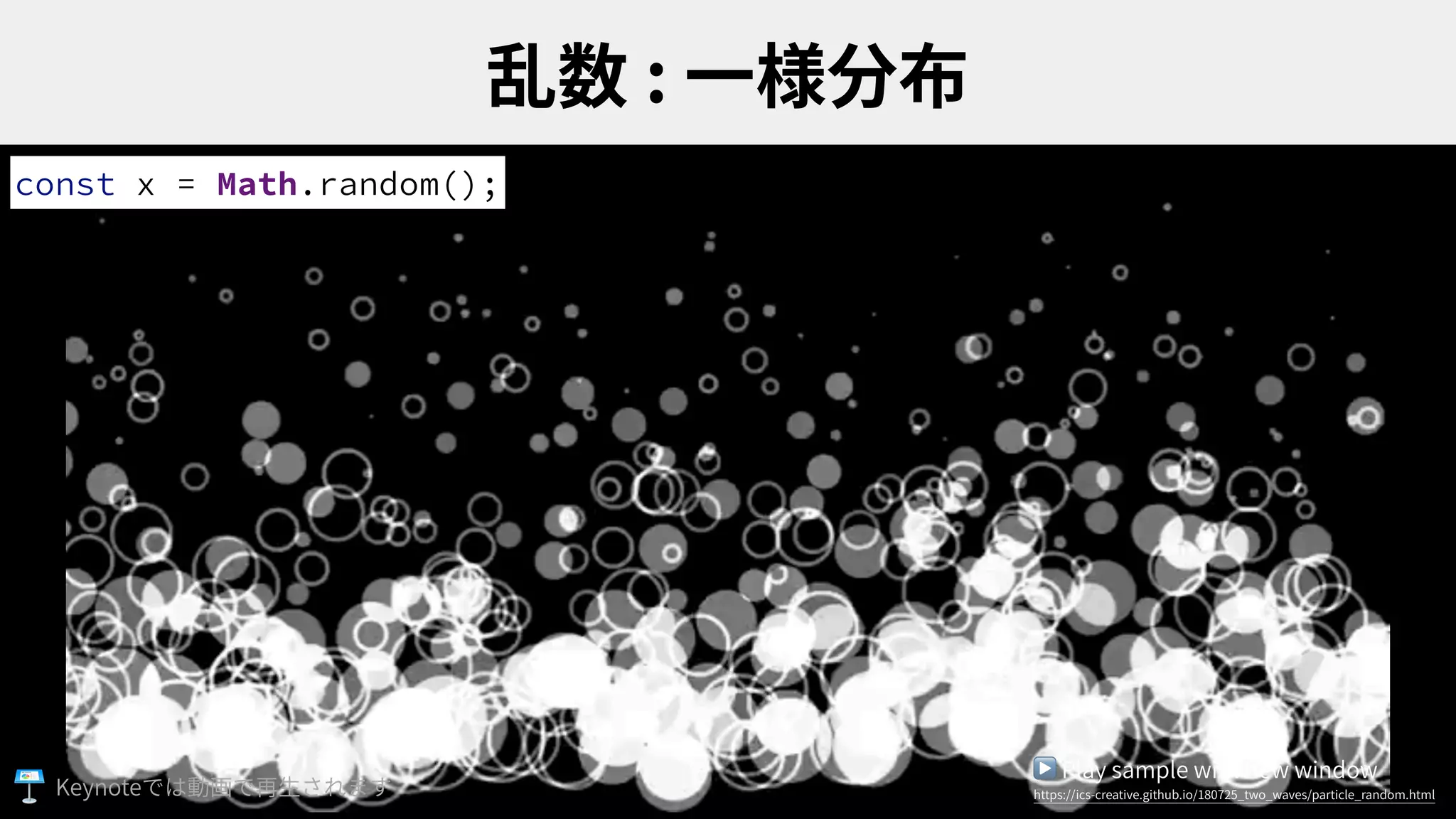 :
const x = Math.random();
▶ Play sample with new window
https://ics-creative.github.io/180725_two_waves/particle_random.htmlKeynote
 