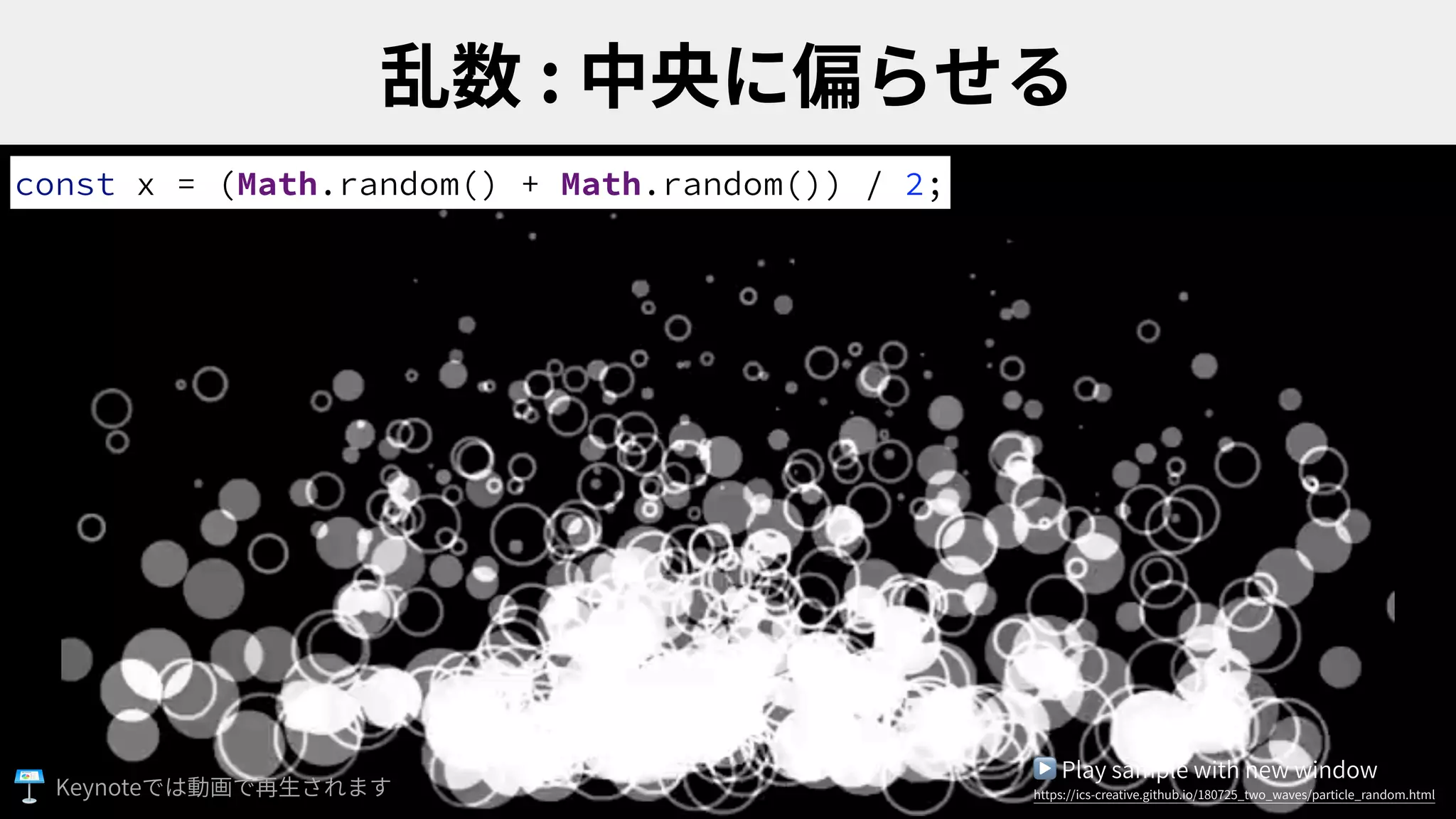 :
const x = (Math.random() + Math.random()) / 2;
▶ Play sample with new window
https://ics-creative.github.io/180725_two_waves/particle_random.htmlKeynote
 