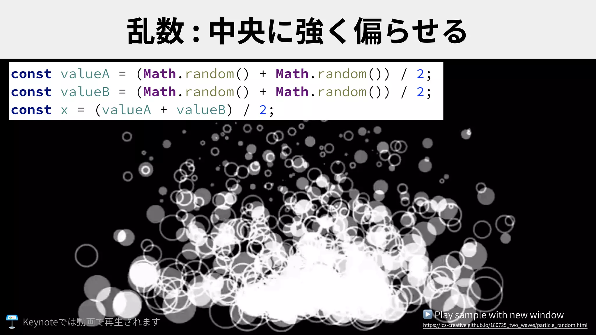 :
const valueA = (Math.random() + Math.random()) / 2;
const valueB = (Math.random() + Math.random()) / 2;
const x = (valueA + valueB) / 2;
▶ Play sample with new window
https://ics-creative.github.io/180725_two_waves/particle_random.htmlKeynote
 