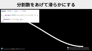 const 分割数 = 100; // 分割数
[...Array(分割数).keys()].forEach(i => {
//･･･
context.lineTo(x, y);
});
▶ Play sample with new window
https://ics-creative.github.io/180725_two_waves/line_sin.htmlKeynote
 