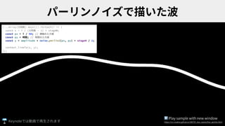 [...Array(分割数).keys()].forEach(i => {
const x = i / (分割数 - 1) * stageW;
const px = i / 50; // 横軸の⼊⼒値
const py = 時間; // 時間の⼊⼒値
const y = amplitude * noise.perlin2(px, py) + stageH / 2;
context.lineTo(x, y);
});
▶ Play sample with new window
https://ics-creative.github.io/180725_two_waves/line_perline.htmlKeynote
 