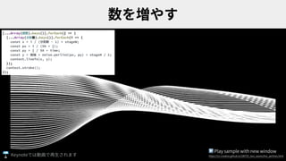 [...Array(線数).keys()].forEach(j => {
[...Array(分割数).keys()].forEach(i => {
const x = i / (分割数 - 1) * stageW;
const px = i / (50 + j);
const py = j / 50 + time;
const y = 振幅 * noise.perlin2(px, py) + stageH / 2;
context.lineTo(x, y);
});
context.stroke();
});
▶ Play sample with new window
https://ics-creative.github.io/180725_two_waves/line_perlines.htmlKeynote
 