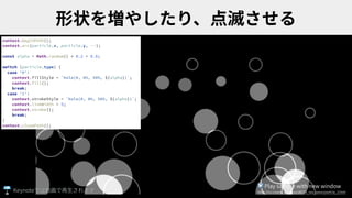 context.beginPath();
context.arc(particle.x, particle.y, ･･･);
const alpha = Math.random() * 0.2 + 0.8;
switch (particle.type) {
case '0':
context.fillStyle = `hsla(0, 0%, 50%, ${alpha})`;
context.fill();
break;
case '1':
context.strokeStyle = `hsla(0, 0%, 50%, ${alpha})`;
context.lineWidth = 5;
context.stroke();
break;
}
context.closePath();
▶ Play sample with new window
https://ics-creative.github.io/180725_two_waves/particle_3.htmlKeynote
 