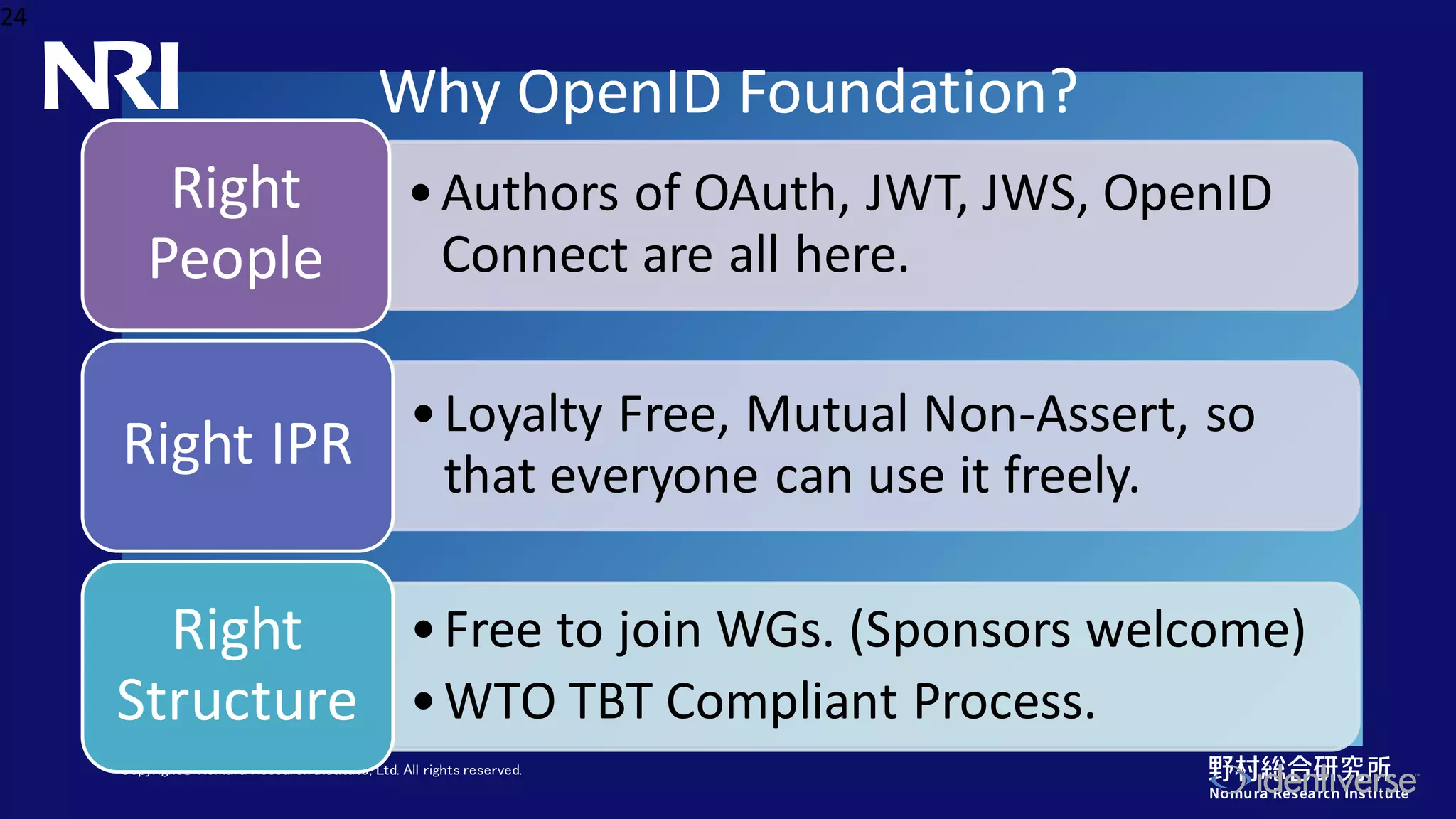 Copyright© Nomura Research Institute, Ltd. All rights reserved.
Why OpenID Foundation?
•Authors of OAuth, JWT, JWS, OpenID
Connect are all here.
Right
People
•Loyalty Free, Mutual Non-Assert, so
that everyone can use it freely.
Right IPR
•Free to join WGs. (Sponsors welcome)
•WTO TBT Compliant Process.
Right
Structure
24
 