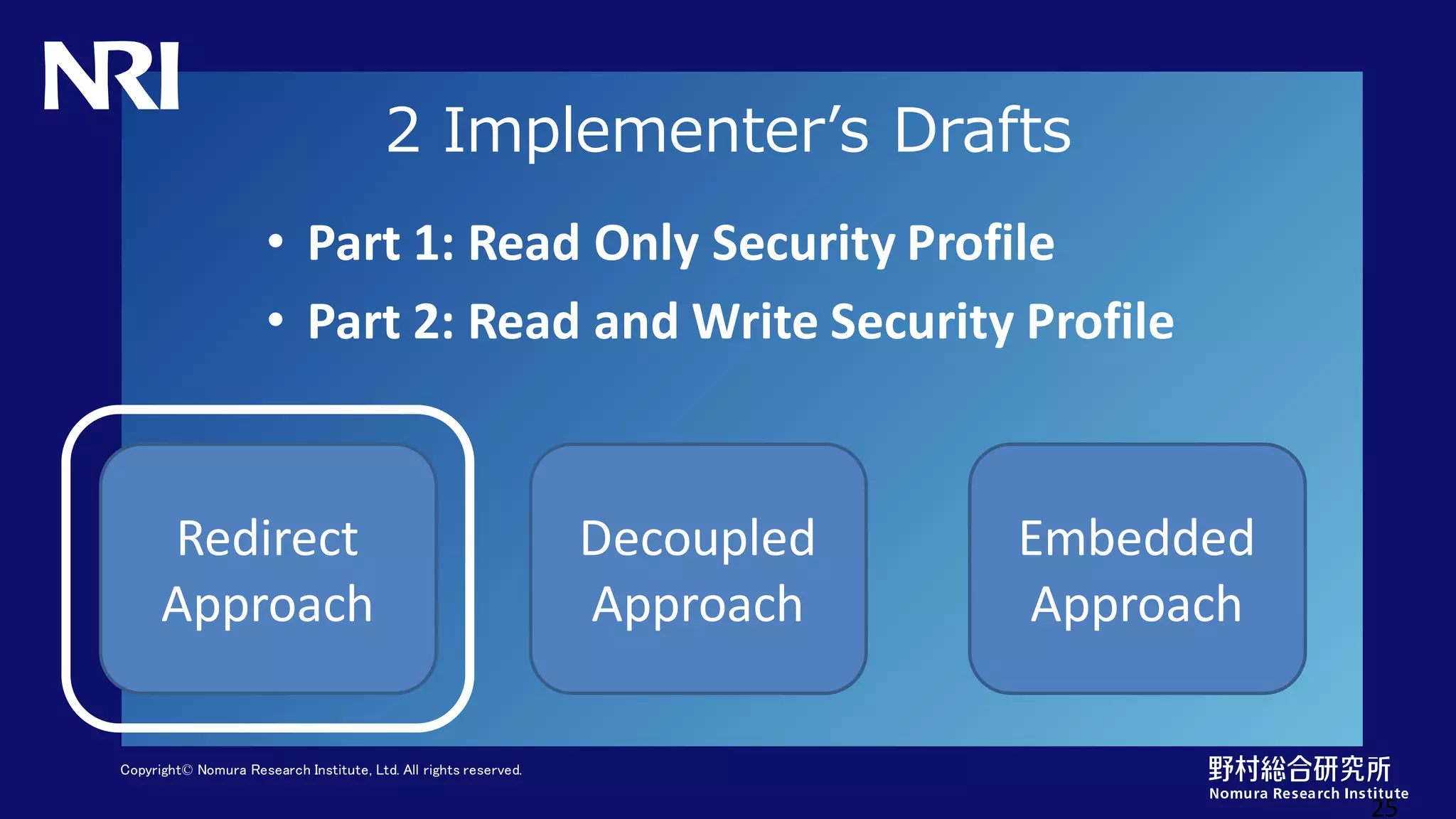 Copyright© Nomura Research Institute, Ltd. All rights reserved.
2 Implementer’s Drafts
• Part 1: Read Only Security Profile
• Part 2: Read and Write Security Profile
25
Redirect
Approach
Decoupled
Approach
Embedded
Approach
 