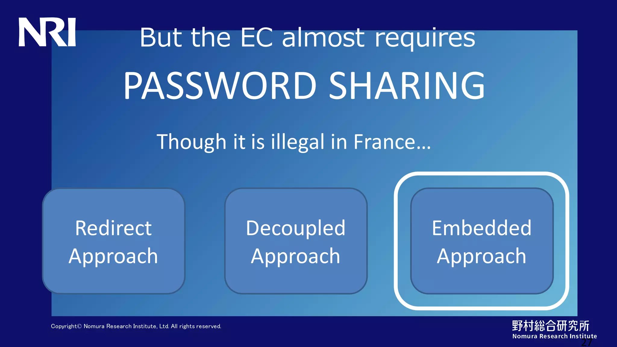 Copyright© Nomura Research Institute, Ltd. All rights reserved.
But the EC almost requires
PASSWORD SHARING
27
Redirect
Approach
Decoupled
Approach
Embedded
Approach
Though it is illegal in France…
 