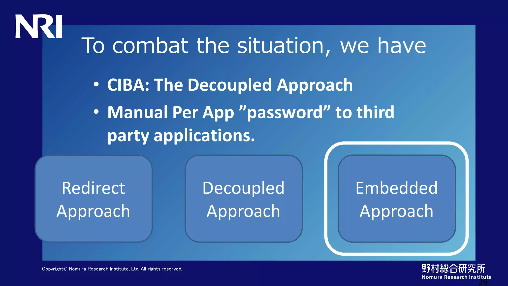 Copyright© Nomura Research Institute, Ltd. All rights reserved.
To combat the situation, we have
• CIBA: The Decoupled Approach
• Manual Per App ”password” to third
party applications.
29
Redirect
Approach
Decoupled
Approach
Embedded
Approach
 