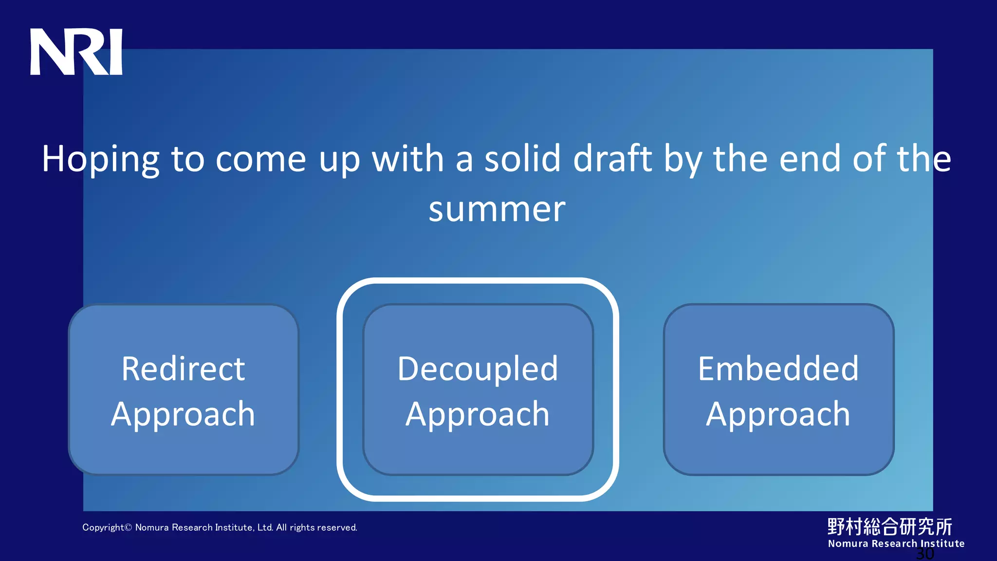 Copyright© Nomura Research Institute, Ltd. All rights reserved.
Hoping to come up with a solid draft by the end of the
summer
30
Redirect
Approach
Decoupled
Approach
Embedded
Approach
 