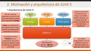 2. Motivación y arquitectura de JUnit 5
• Arquitectura de JUnit 5:
La plataforma JUnit
(Platform) es un
componente que actúa
de ejecutor genérico para
pruebas que se ejecutan
en la JVM
Test de versiones
anteriores de JUnit (3 y 4)
serán ejecutados a través
del componente Vintage
Jupiter es componente
que implementa el nuevo
modelo de programación
y extensión en JUnit 5
La idea es que otros
frameworks (e.g.
Spock, Cucumber)
pueden ejecutar sus
propios casos de
prueba realizando una
extensión de la
plataforma
Los cliente
programáticos usan la
plataforma para el
descubrimiento y la
ejecución de los tests
 