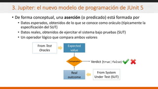 3. Jupiter: el nuevo modelo de programación de JUnit 5
• De forma conceptual, una aserción (o predicado) está formada por
• Datos esperados, obtenidos de lo que se conoce como oráculo (típicamente la
especificación del SUT)
• Datos reales, obtenidos de ejercitar el sistema bajo pruebas (SUT)
• Un operador lógico que compara ambos valores
 