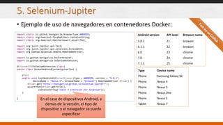 5. Selenium-Jupiter
• Ejemplo de uso de navegadores en contenedores Docker:
import static io.github.bonigarcia.BrowserType.ANDROID;
import static org.hamcrest.CoreMatchers.containsString;
import static org.hamcrest.MatcherAssert.assertThat;
import org.junit.jupiter.api.Test;
import org.junit.jupiter.api.extension.ExtendWith;
import org.openqa.selenium.remote.RemoteWebDriver;
import io.github.bonigarcia.DockerBrowser;
import io.github.bonigarcia.SeleniumExtension;
@ExtendWith(SeleniumExtension.class)
public class DockerAndroidCustomJupiterTest {
@Test
public void testAndroid(@DockerBrowser(type = ANDROID, version = "5.0.1",
deviceName = "Nexus S", browserName = "browser") RemoteWebDriver driver) {
driver.get("https://bonigarcia.github.io/selenium-jupiter/");
assertThat(driver.getTitle(),
containsString("JUnit 5 extension for Selenium"));
}
} En el caso de dispositivos Android, a
demás de la versión, el tipo de
dispositivo y el navegador se puede
especificar
Android version API level Browser name
5.0.1 21 browser
5.1.1 22 browser
6.0 23 chrome
7.0 24 chrome
7.1.1 25 chrome
Type Device name
Phone Samsung Galaxy S6
Phone Nexus 4
Phone Nexus 5
Phone Nexus One
Phone Nexus S
Tablet Nexus 7
 