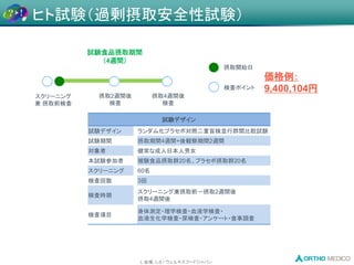 L 会場, L-8 / ウェルネスフードジャパン
ヒト試験（過剰摂取安全性試験）
価格例：
9,400,104円
試験食品摂取期間
（4週間）
摂取4週間後
検査
摂取2週間後
検査
摂取開始日
検査ポイント
スクリーニング
兼 摂取前検査
試験デザイン
試験デザイン ランダム化プラセボ対照二重盲検並行群間比較試験
試験期間 摂取期間4週間+後観察期間2週間
対象者 健常な成人日本人男女
本試験参加者 被験食品摂取群20名、プラセボ摂取群20名
スクリーニング 60名
検査回数 3回
検査時期
スクリーニング兼摂取前－摂取2週間後
摂取4週間後
検査項目
身体測定・理学検査・血液学検査・
血液生化学検査・尿検査・アンケート・食事調査
 