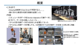 概要
•これまで
–Graspingを純粋にData Drivenで学習すると。。。
–数十万から数百万の試行回数が必要だった
•今回
–シミュレータのデータをDomain Adaptationで実データに
近づけて、データを水増ししたところ。...