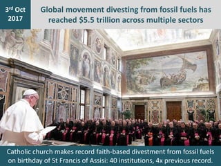 Global movement divesting from fossil fuels has
reached $5.5 trillion across multiple sectors
7th Jan
2016
3rd Oct
2017
Ca...