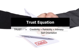 TRUST = Credibility + Reliability + Intimacy
Self Orientation
Trust Equation
 