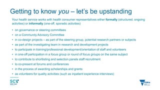 Health Consumer Representative Example Health Consumer participation - Clinical Networks | PPTX