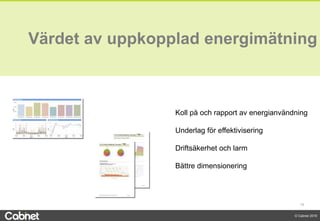 15
© Cabnet 2018
Värdet av uppkopplad energimätning
Koll på och rapport av energianvändning
Underlag för effektivisering
Driftsäkerhet och larm
Bättre dimensionering
 