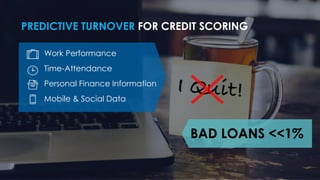 PREDICTIVE TURNOVER FOR CREDIT SCORING
Work Performance
Time-Attendance
Personal Finance Information
Mobile & Social Data
BAD LOANS <<1%
 