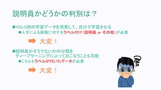 説明員かどうかの判別は？
YOLO用の学習データを用意して、自分で学習させる
人手による画像に対するラベル付け（説明員 or その他）が必要
説明員かそうでないかの分類を
ディープラーニングによっておこなうことも可能
こちらもラベルが付いたデータが必要
大変！
大変！
 
