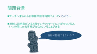 問題背景
ブースへ来られるお客様の数は時間によってバラバラ…
過剰に説明員がいると思ってバックヤードに下がっていると、
いつの間にかお客様がたくさんいることがある
自動で監視できないか？
 