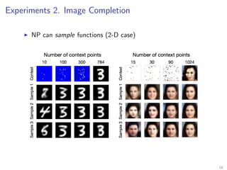 Experiments 2. Image Completion
NP can sample functions (2-D case)
18
 